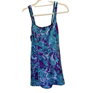 Le Cove Women 16W One piece Swim Dress Swimsuit Blue Floral